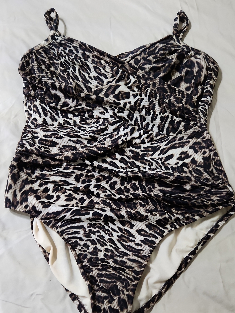 Ruched Leopard-Print One-Piece Swimsuit - Black & Cream